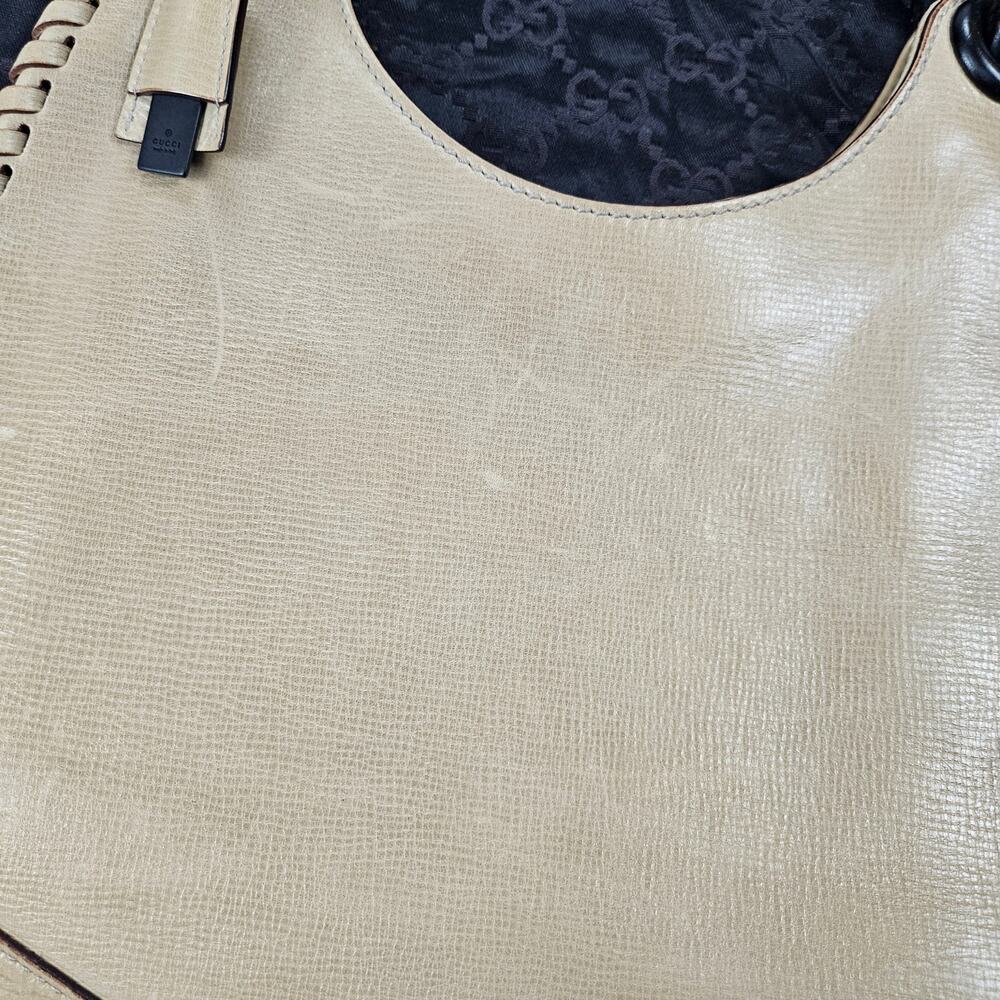 Y2k Gucci Bag Whipstitch Wood Handle Purse Beige Leather - Picture 9 of 12